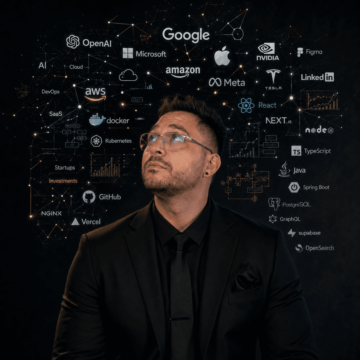 Răzvan Todică in a black suit, surrounded by technology, product, and business systems