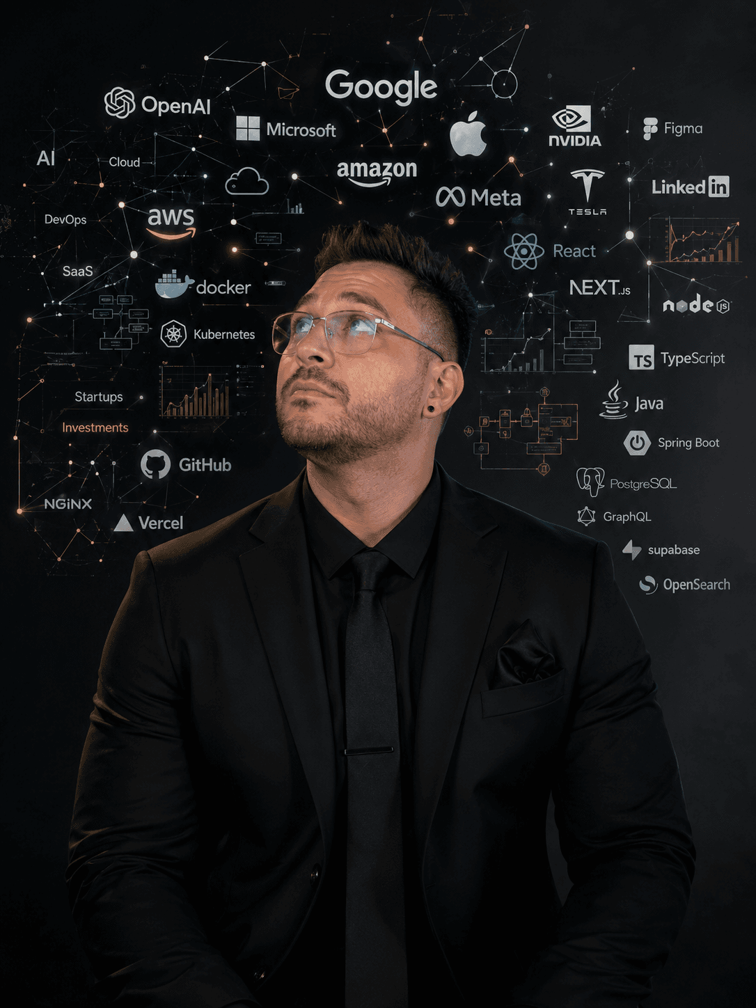 Răzvan Todică in a black suit, looking thoughtfully at a cloud of technology and business ideas